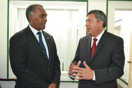 (L-R) Premier of Nevis Hon. Vance Amory with Ambassador of Mexico to the Organisation of Eastern Caribbean States (OECS) countries His Excellency Luis Manuel Lopez Moreno during a courtesy visit at the Nevis Island Administration’s Bath Plain offices
